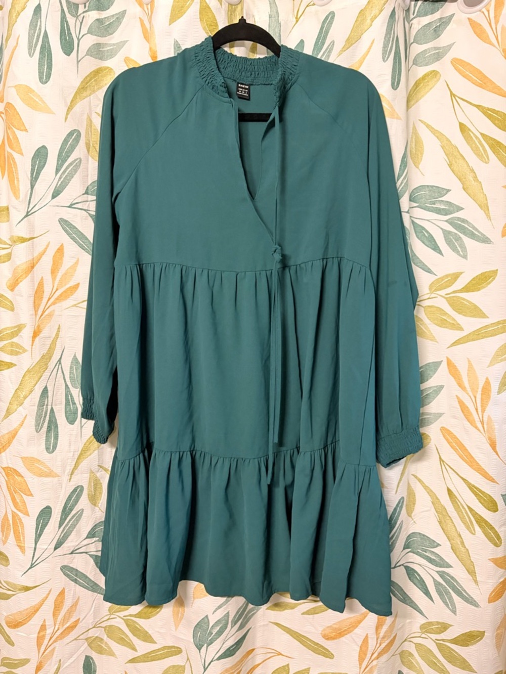 SHEIN Teal Long Sleeve Tiered Tunic Dress